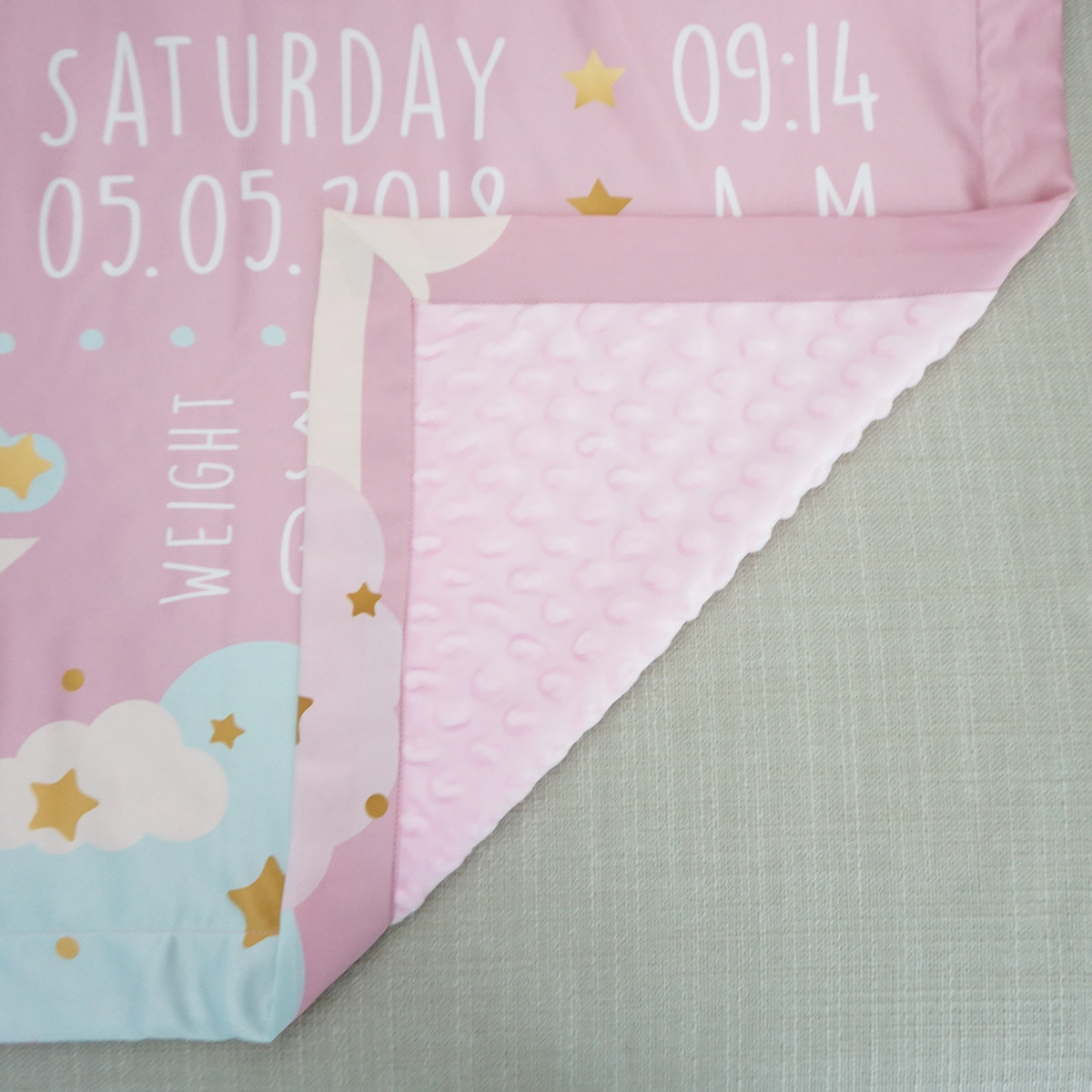 ผ้าห่มเด็ก ใส่ประวัติแรกเกิด+รูปถ่าย ลาย Moon - Pink