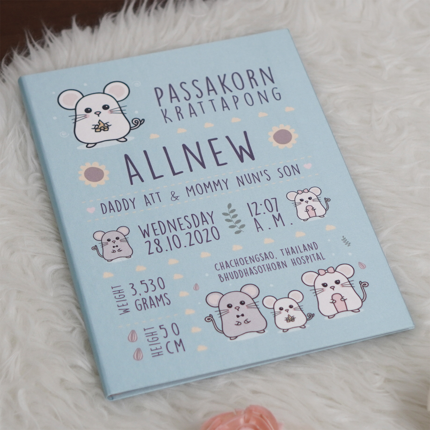 แฟ้มทะเบียนสมรส/สูติบัตร สั่งทำใส่ข้อความ ลาย Mini Mouse - Blue