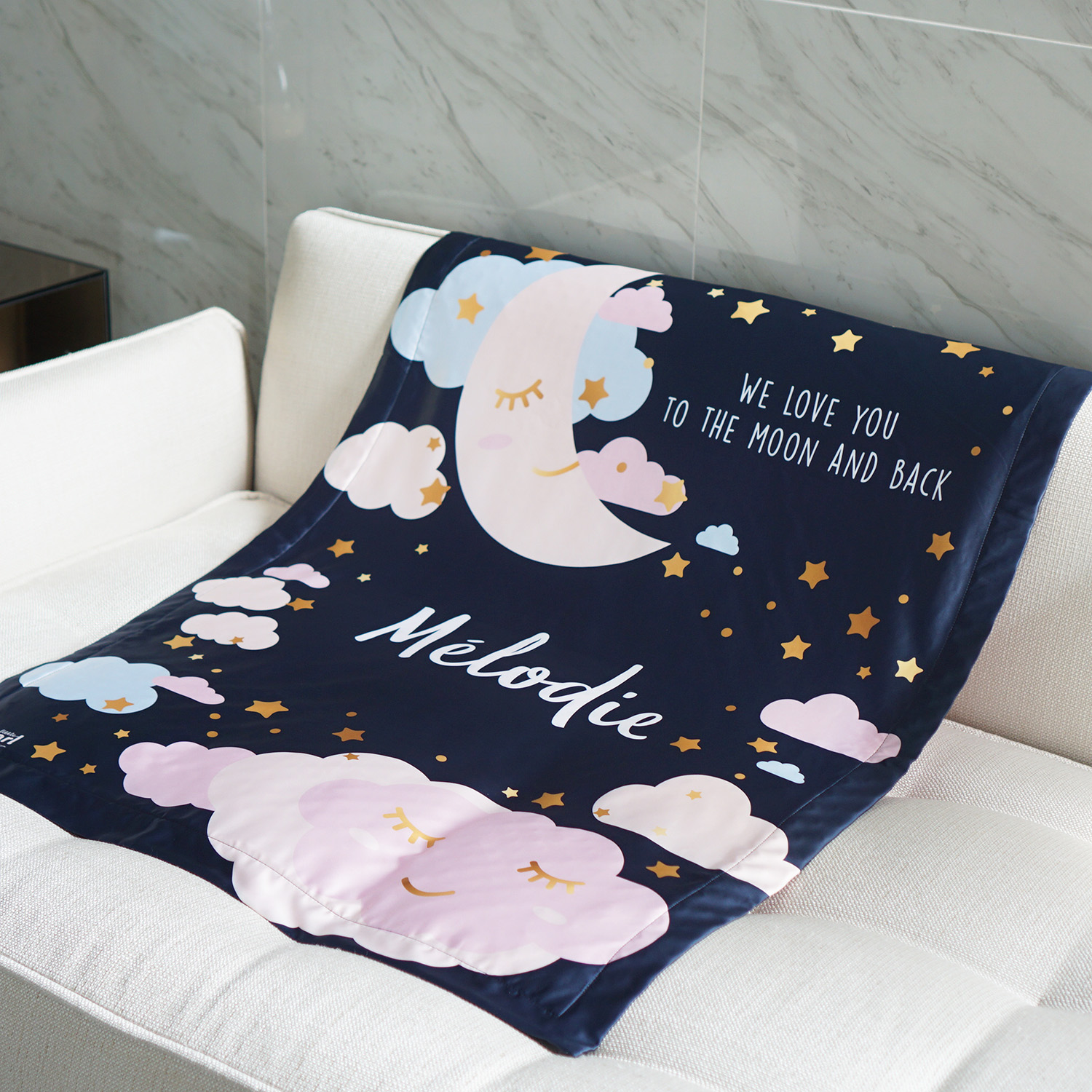 ผ้าห่ม สั่งทำใส่ชื่อ ลาย Moon - Navy