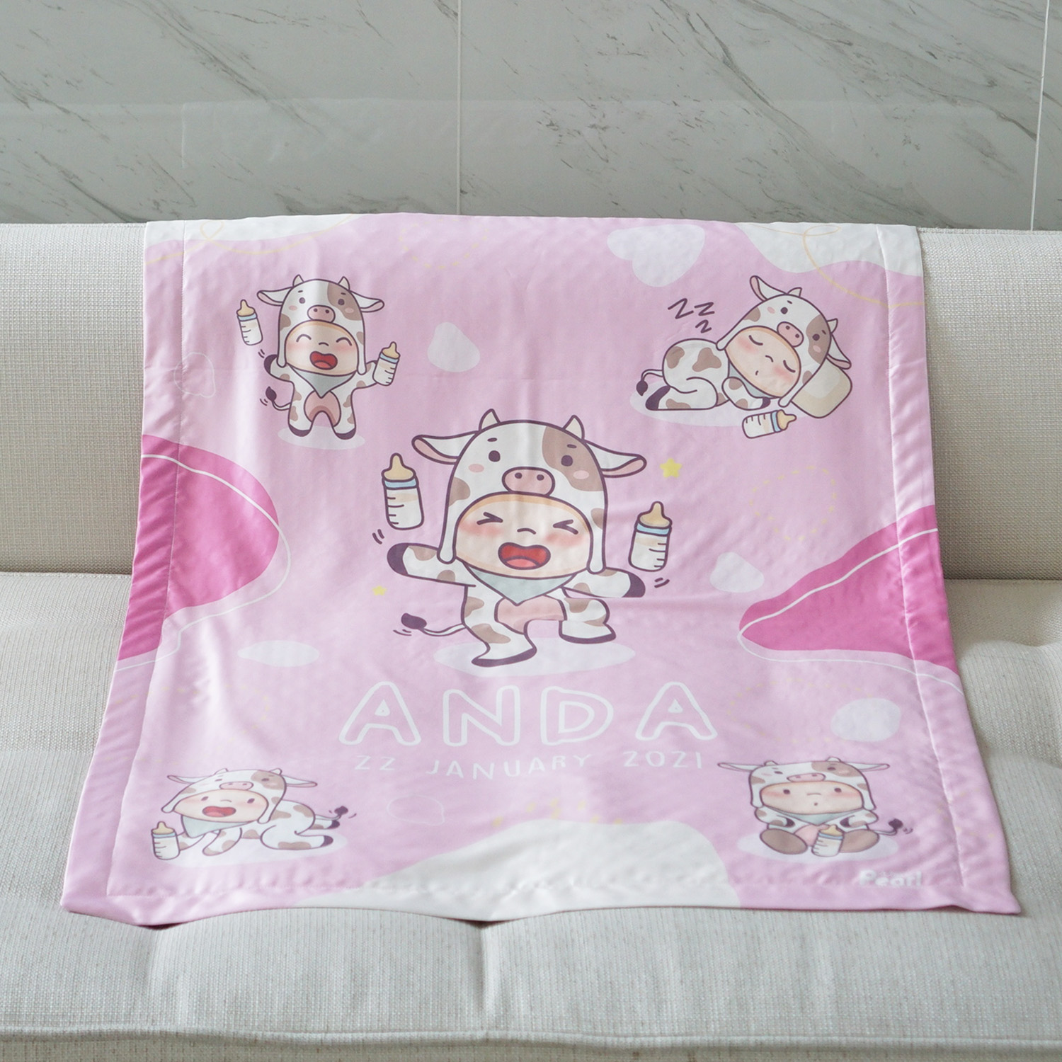 ผ้าห่ม สั่งทำใส่ชื่อ ลาย Cow2 - Pink Lavender