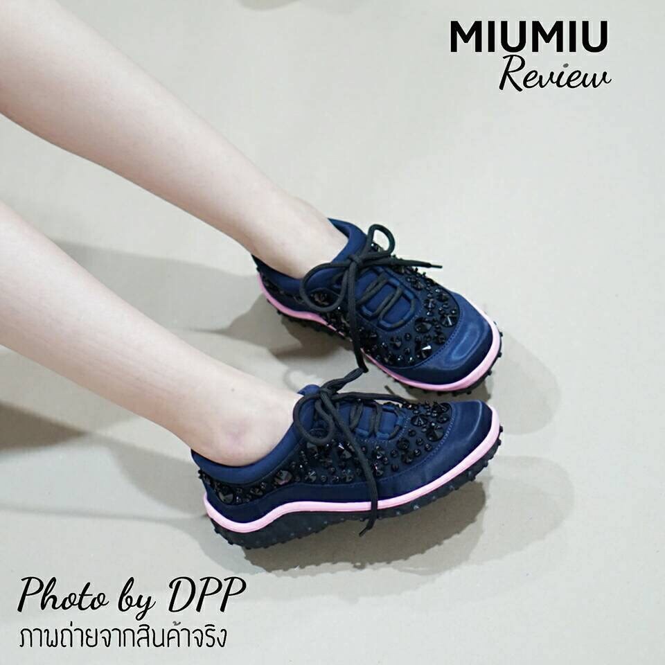 พร้อมส่ง : รองเท้าผ้าใบ MIUMIU Jeweled Satin Lace-Up Sneaker (สีกรม)