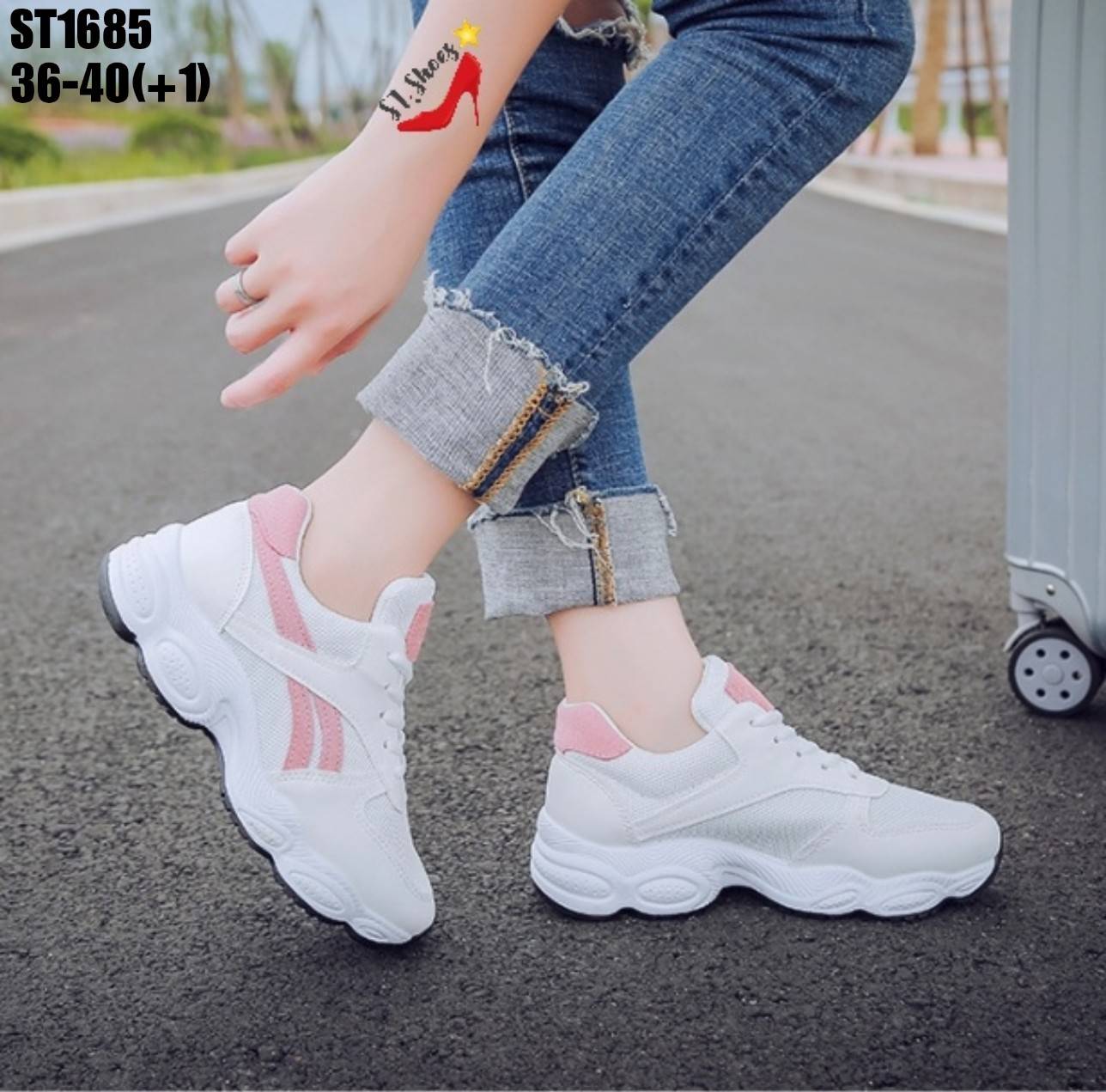 รองเท้าผ้าใบทรงSportแต่งแถบทูโทน (สีชมพู)