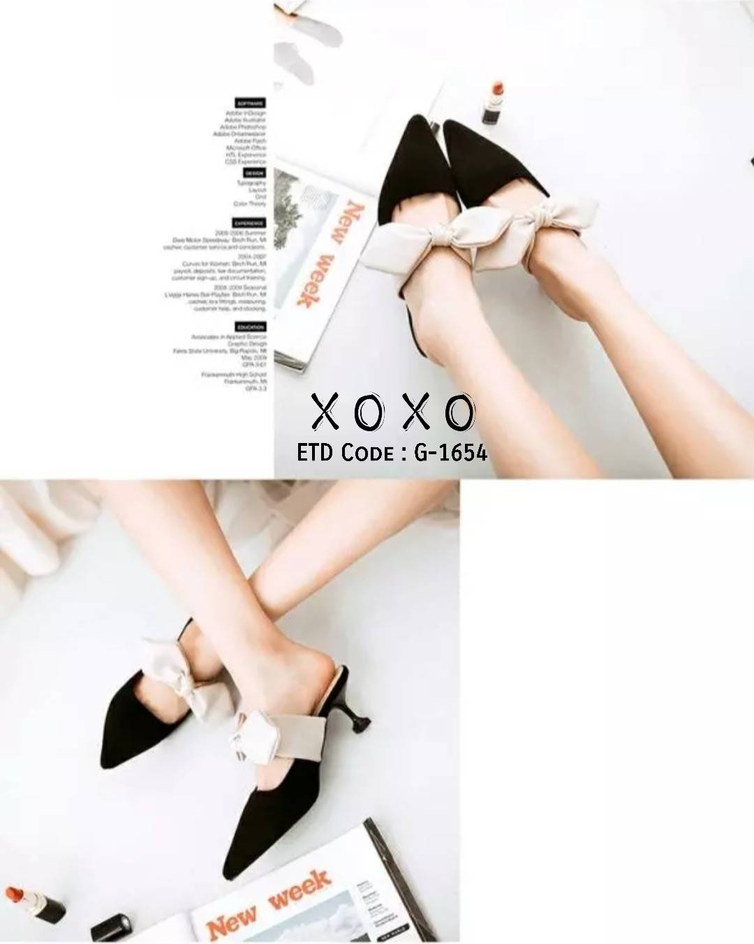 รองเท้าคัทชูเปิดส้นแต่งโบว์ (สีดำ)