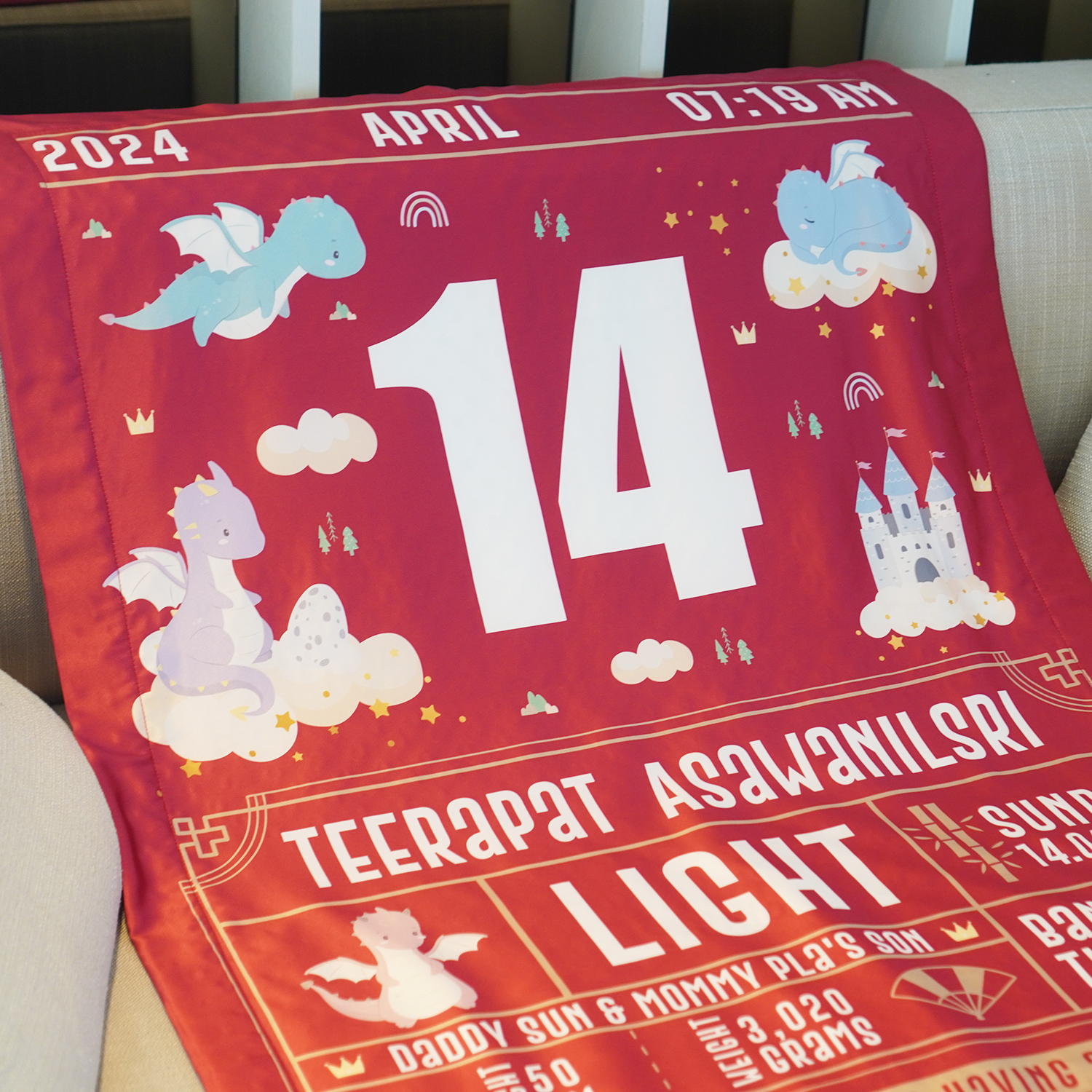 ผ้าห่มเด็ก ใส่ประวัติแรกเกิด ลาย Chinese Calendar - Dragon - Red