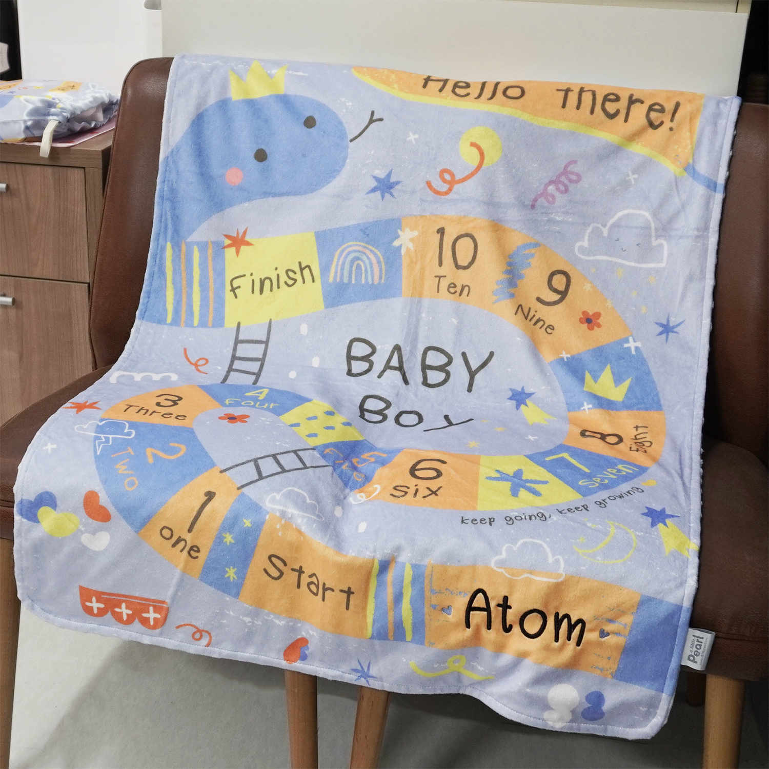 ผ้าห่ม Minky 75x100cm แบบปักชื่อ ลาย Snake and Ladders - Blue