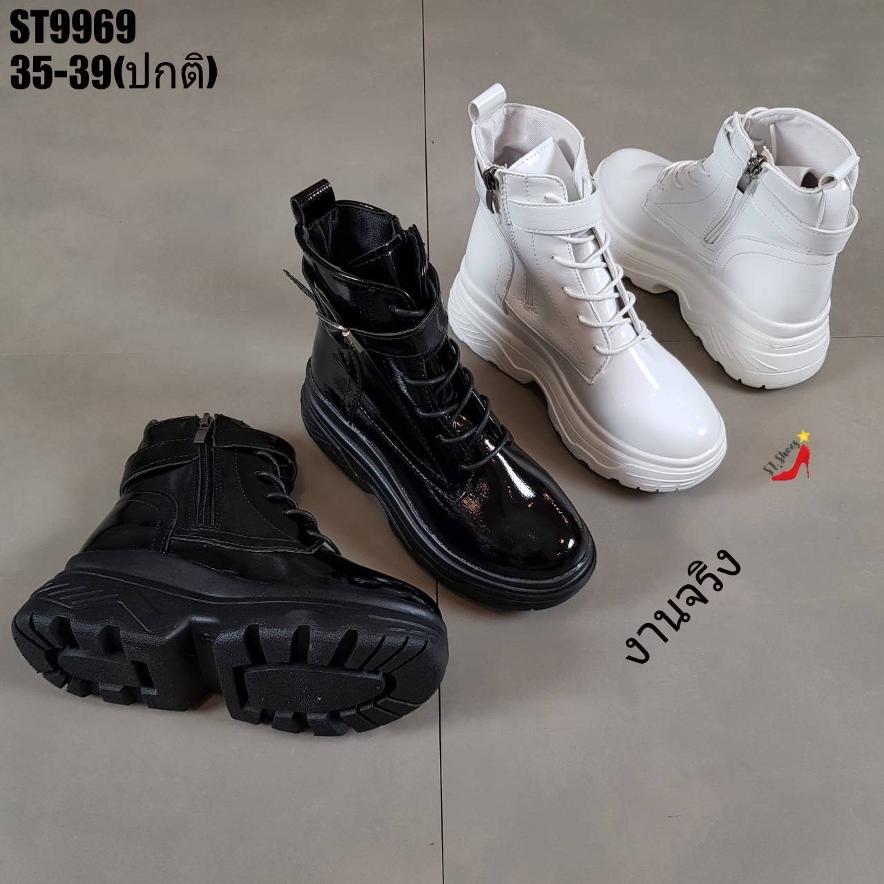 รองเท้าผ้าใบแฟชั่นหุ้มข้อแต่งเข็มขัด (สีดำ)