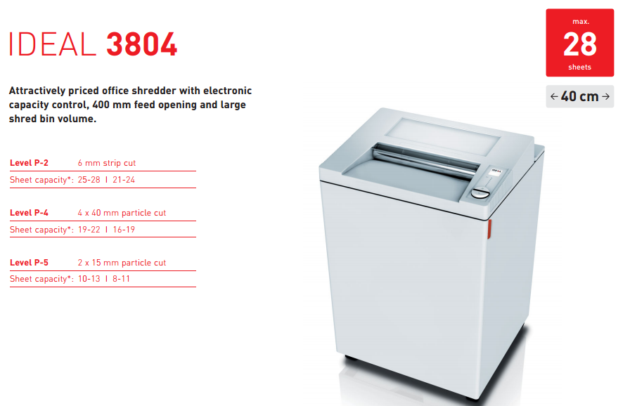 ขายถูก เครื่องทำลายเอกสาร IDEAL 3804 ขนาดกลาง