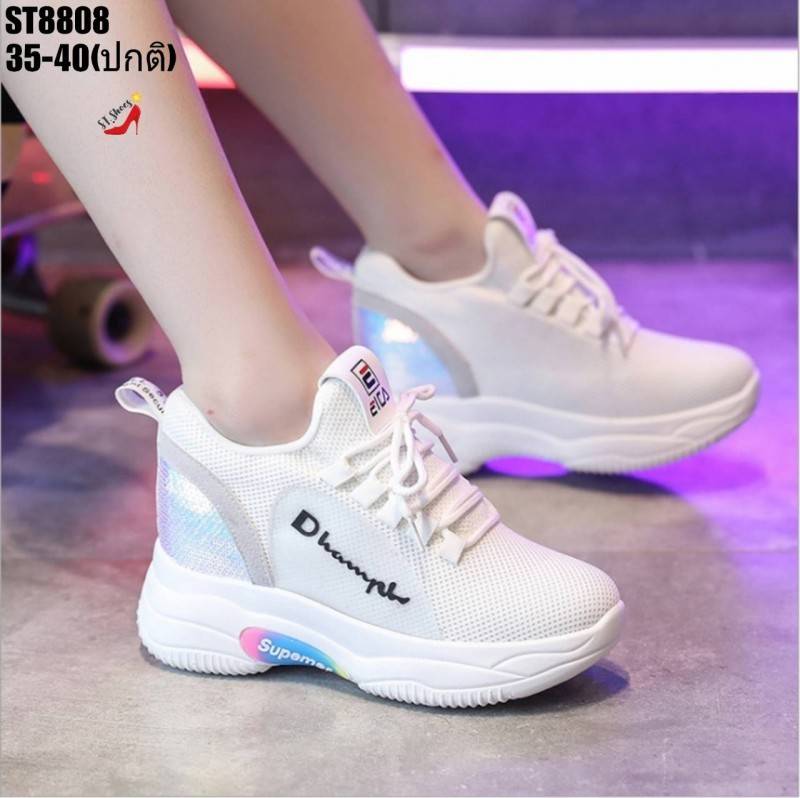 รองเท้าผ้าใบเสริมส้นปักเหลื่อมสไตล์Sport (สีดำ)