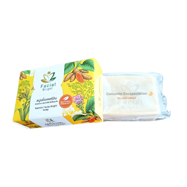 สบู่ขมิ้นชัน Kermin Facial Bright สบู่เคอร์มิน เฟเชียลไบรท์ ใช้นวัตกรรมกักเก็บสารสกัดขมิ้นชันให้อยู่ในแคปซูลที่เล็กมากๆ และจะแตกตัวขณะใช้งาน