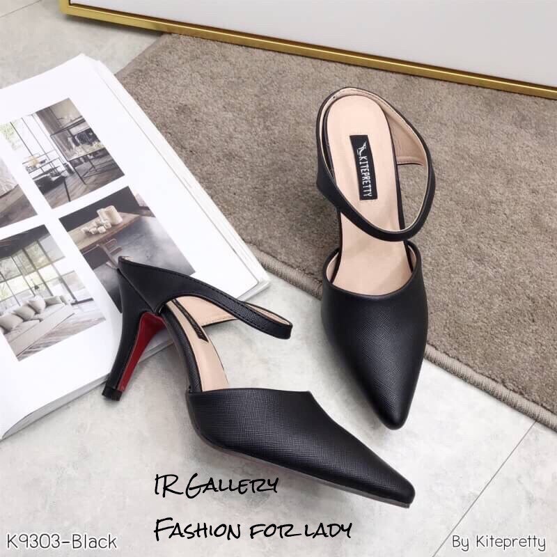 รองเท้าส้นสูงเปิดส้นแต่งสายคาด (สีดำ)