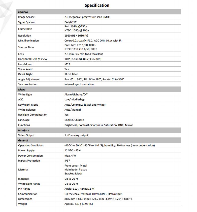 ขายถูก HIKVISION Turbo HD รุ่น DS-2CE12D0T-PIRL(3.6mm) 2 ล้านพิกเซล PIR Bullet กล้องที่มี PIR Sensor ตรวจจับความเคลื่อนไหวและส่งเสียงแจ้งเตือนทันที