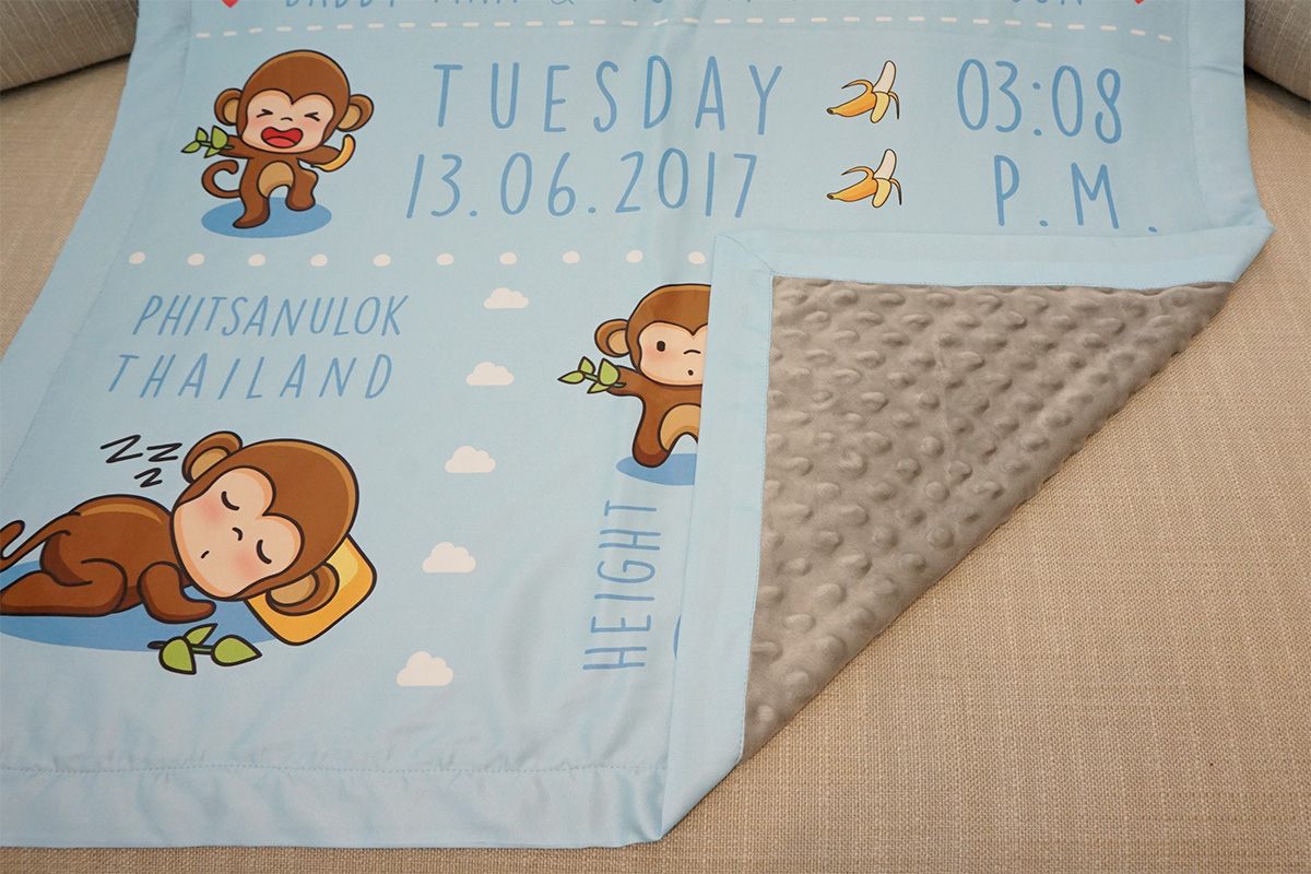 ผ้าห่มเด็ก ใส่ประวัติแรกเกิด ลายลิง สีฟ้า / Monkey - ฺBlue