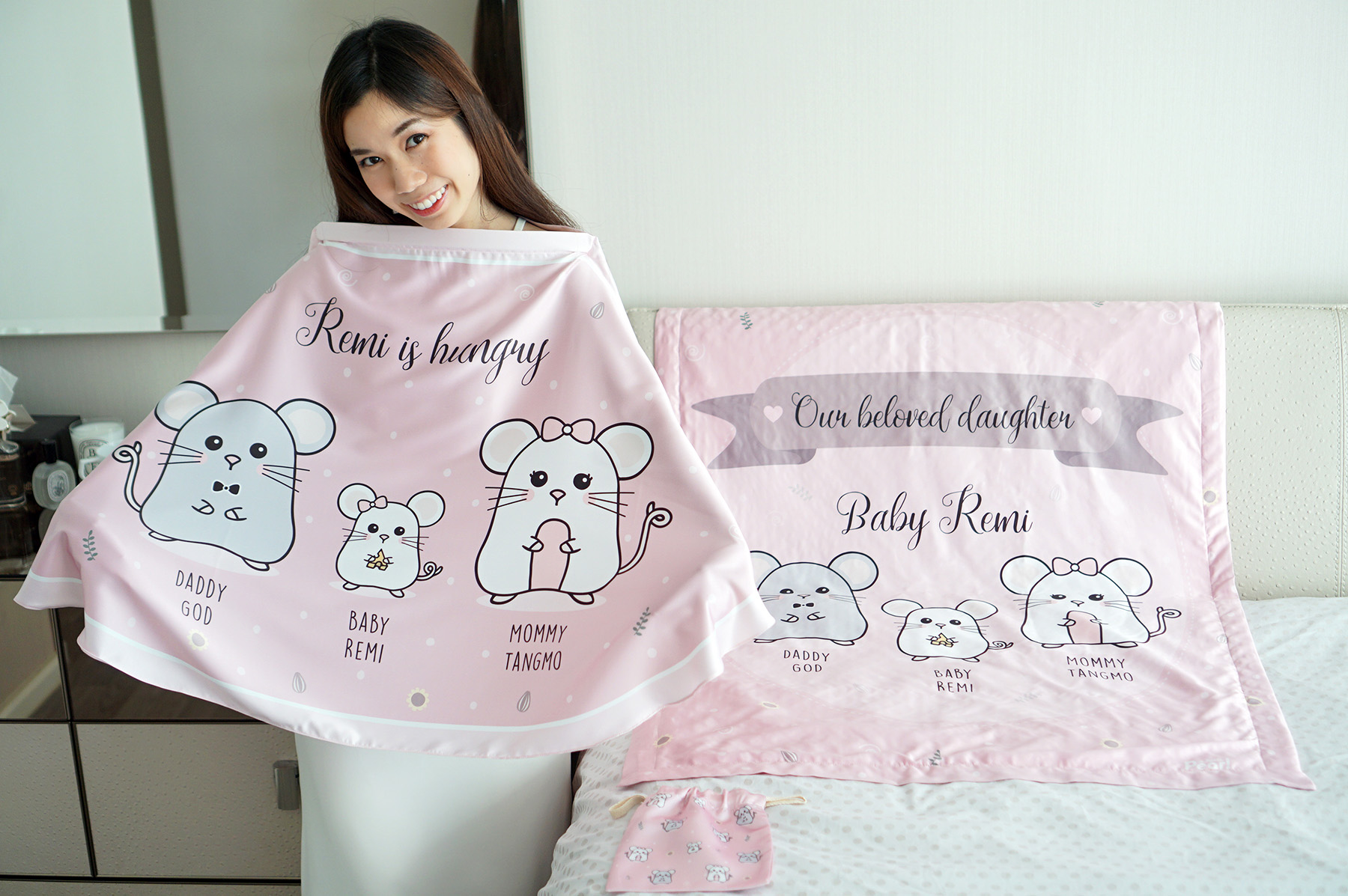 ชุดของขวัญเด็กแรกเกิด ผ้าคลุมให้นม + ผ้าห่มขนาด 75x100cm ลาย Mini Mouse - Pink