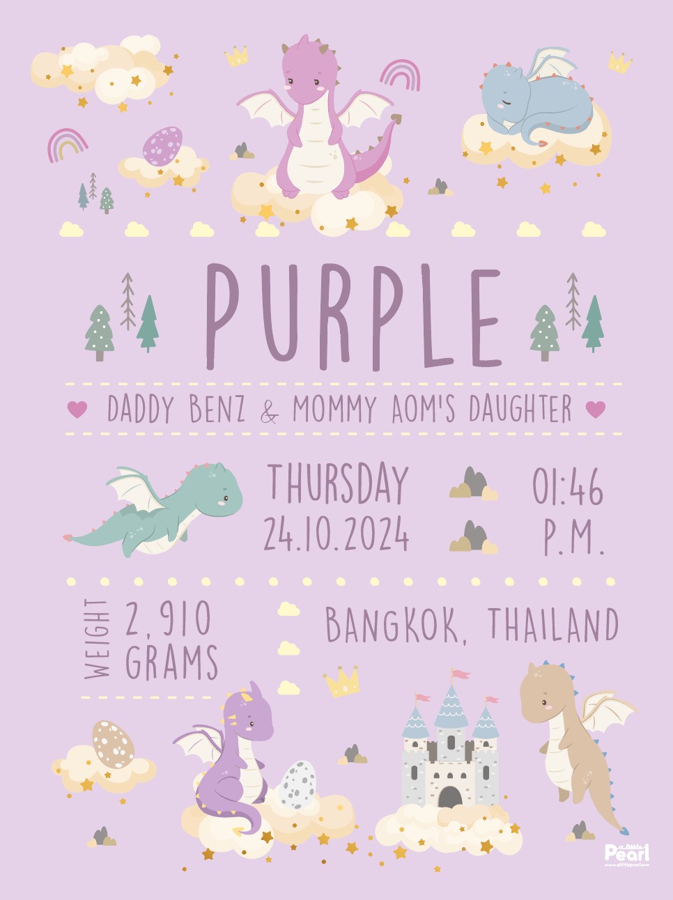 ผ้าห่มเด็ก สั่งทำใส่ประวัติแรกเกิด ลาย Dragon - Lavender