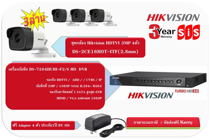 โปรโมชั่น5 Hikvision ชุดกล้อง 3MP HDTVI 4ตัว พร้อม DVR ฟรี adapter กล้อง 4ตัว