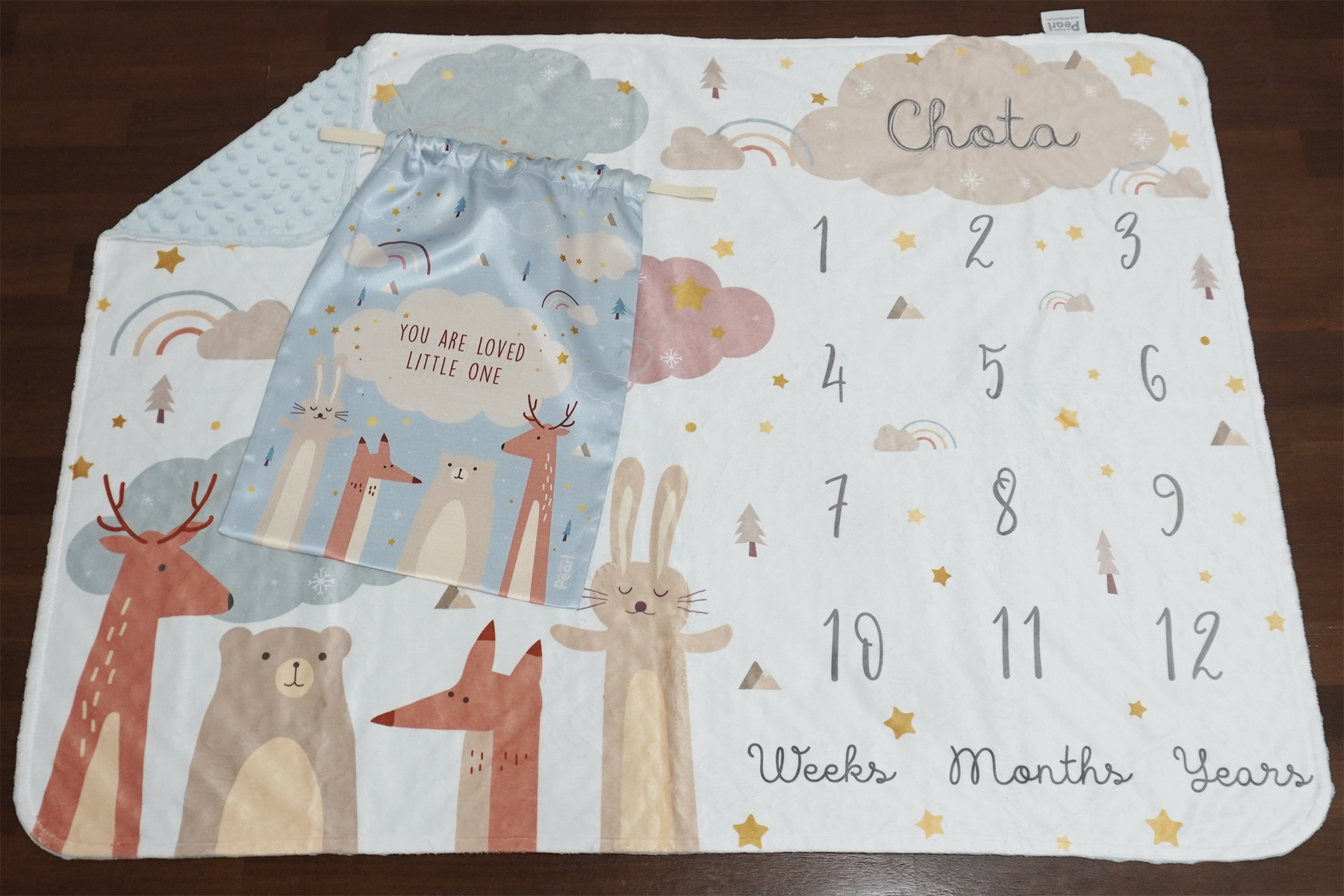 ผ้าห่ม Minky ลาย Woodland - Milestone 75x100cm แบบปักชื่อ ด้านหลังสีฟ้า