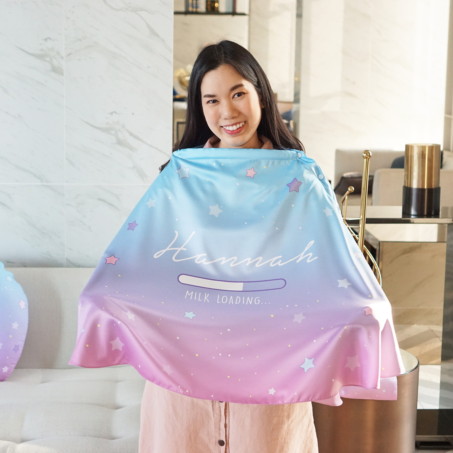 ผ้าคลุมให้นม 3in1 (รุ่นมีกระดุม ถอดโครงได้) แบบสั่งทำใส่ชื่อ ลาย Little Stars - Blue Pink