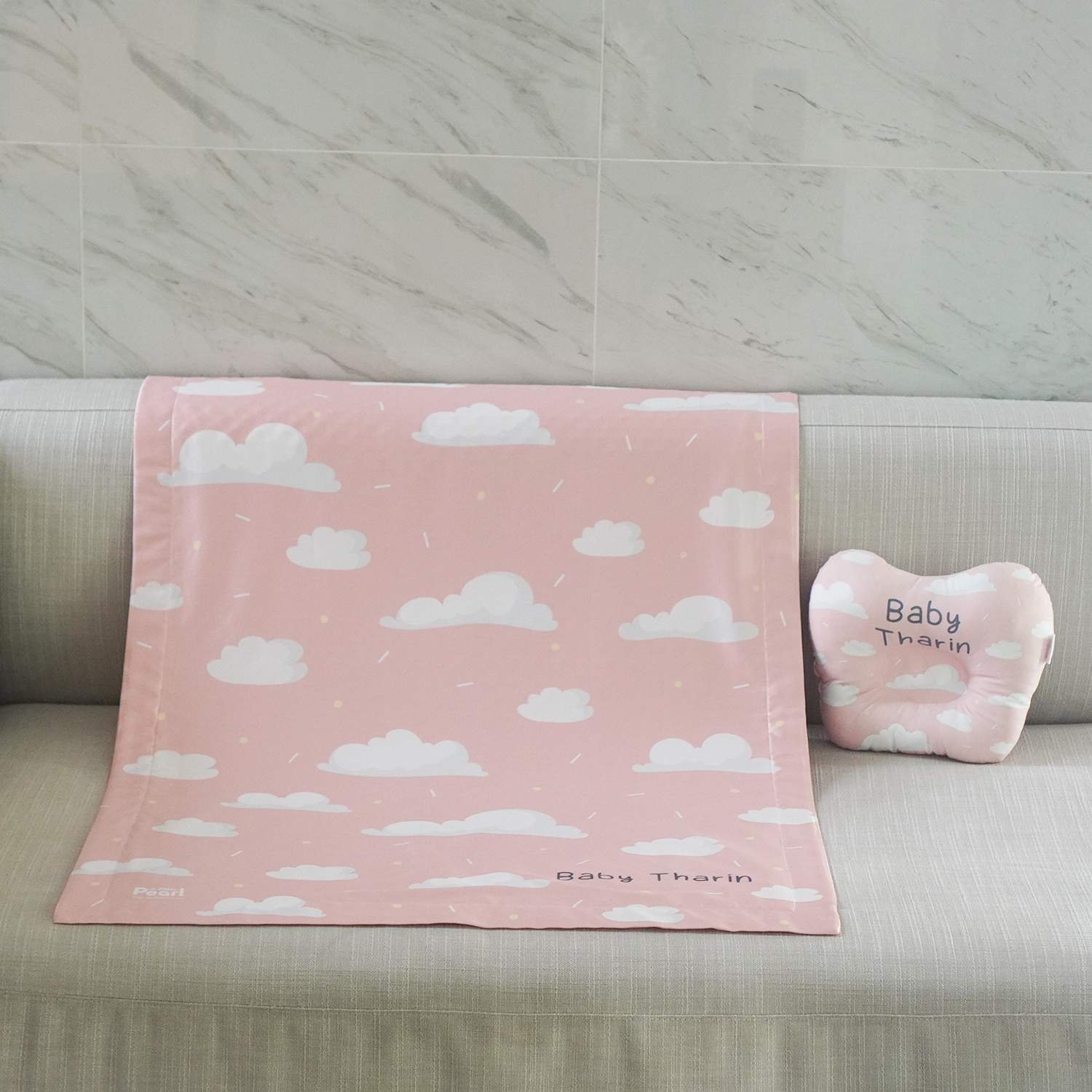 ชุดของขวัญเด็กแรกเกิด หมอนหลุม + ผ้าห่มขนาด 75x100cm ลาย Cloud - Peach