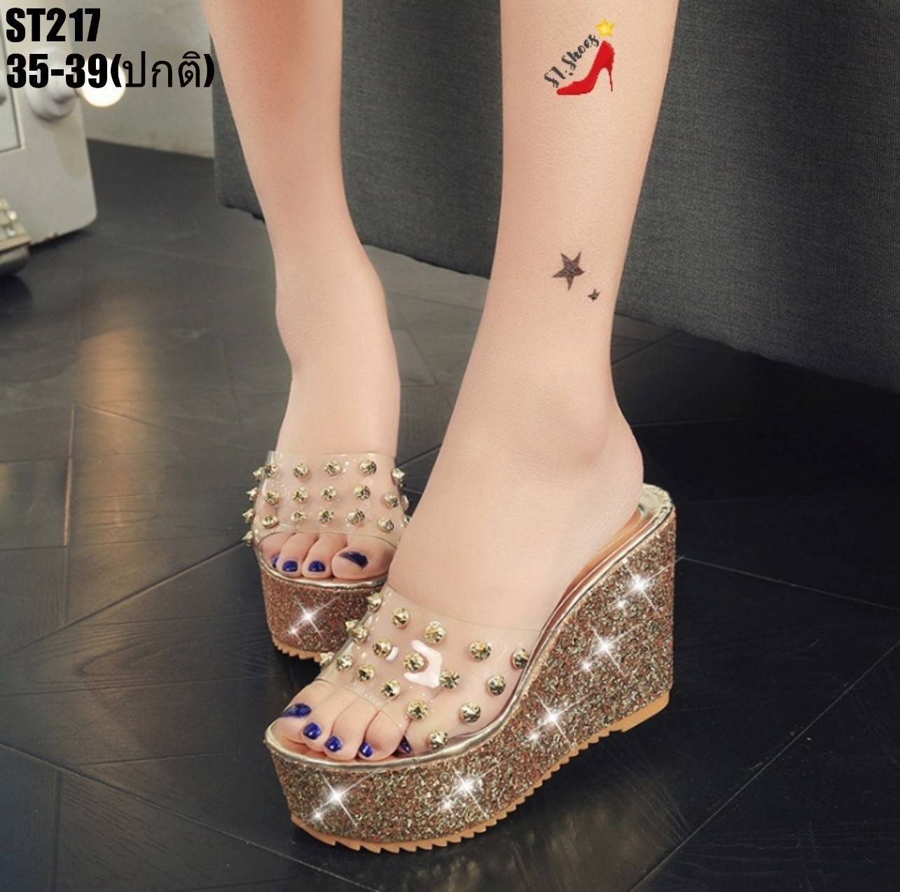 รองเท้าลำลองส้นเตารีดแต่งกลิตเตอร์ (สีทอง)