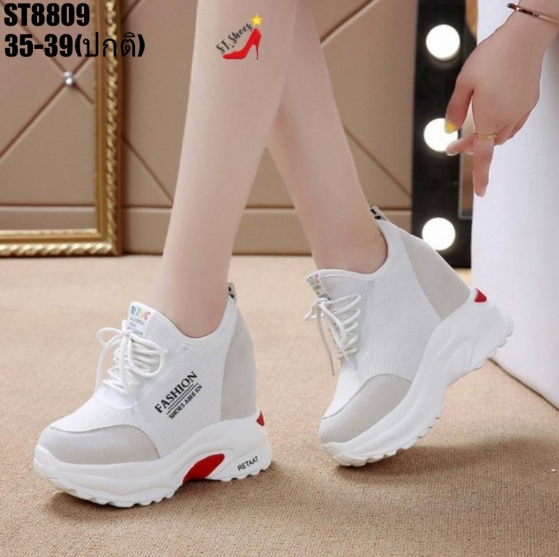 รองเท้าผ้าใบเสริมส้นแต่งเชือกหลอก (สีดำ)