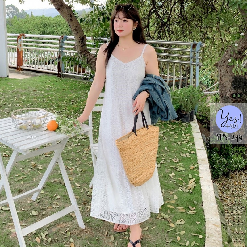 ชุดเดรสสายเดี่ยวสาวอวบ อก 38-52 นิ้ว เดรสยาวสายเดี่ยวลูกไม้ ปลายชายระบาย สีขาว YPS-249