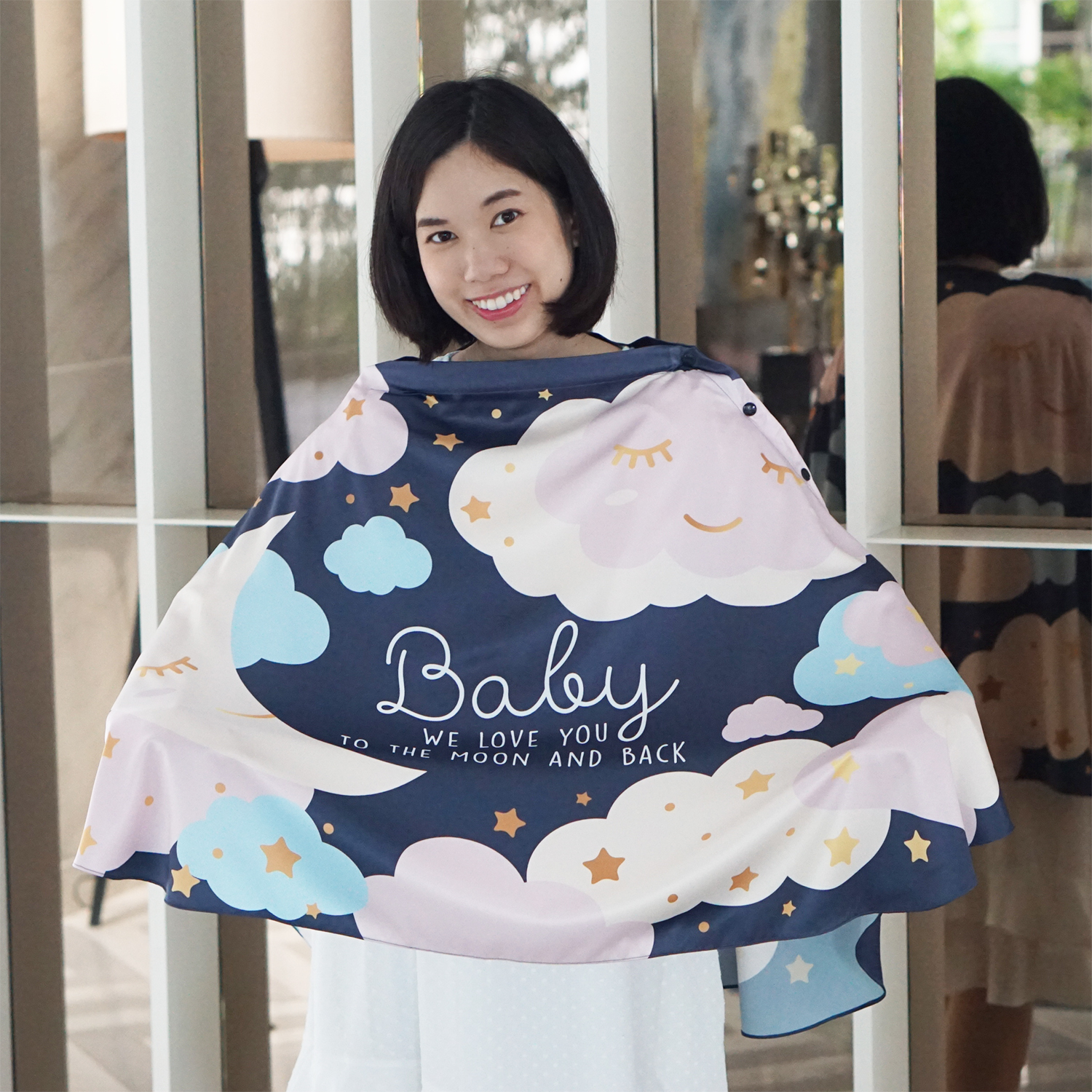 ผ้าคลุมให้นม (รุ่นมีกระดุม ถอดโครงได้) พร้อมส่ง ลาย Moon - Navy