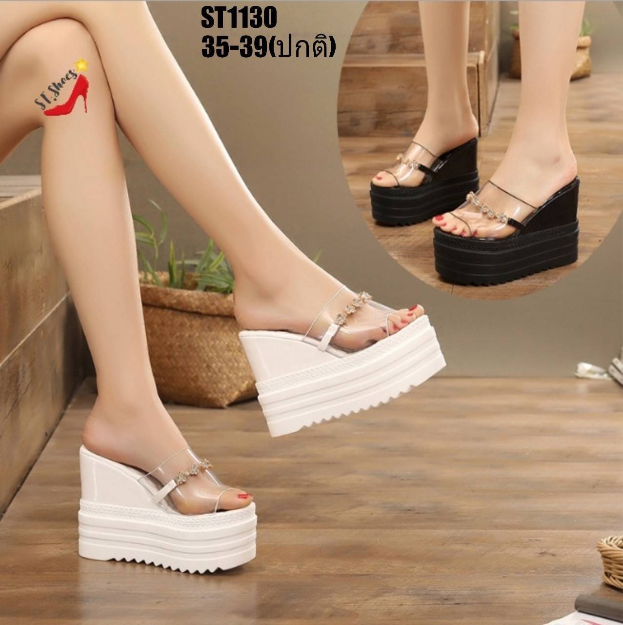 รองเท้าส้นเตารีดแต่งดอกไม้เพชร (สีขาว)