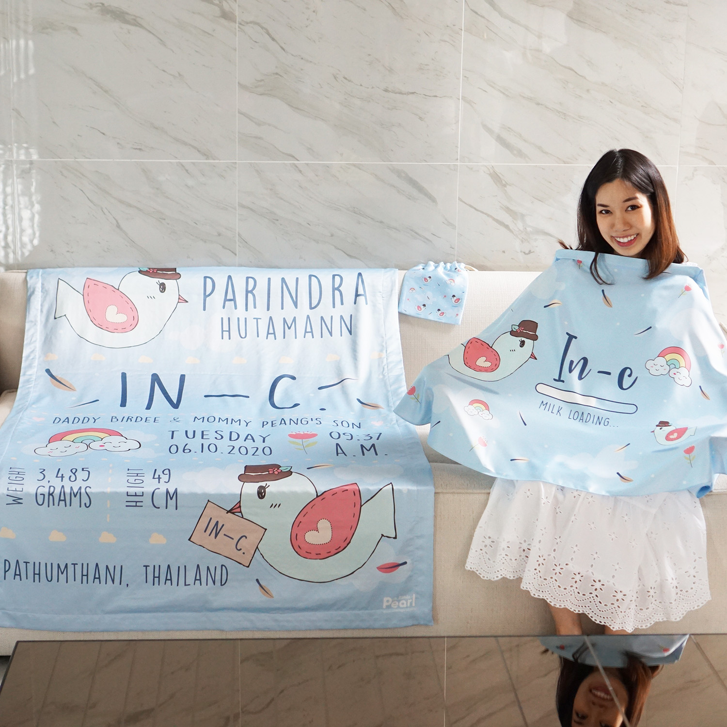 ชุดของขวัญเด็กแรกเกิด ผ้าคลุมให้นม + ผ้าห่มขนาด 100x150cm ลาย Bird - Blue