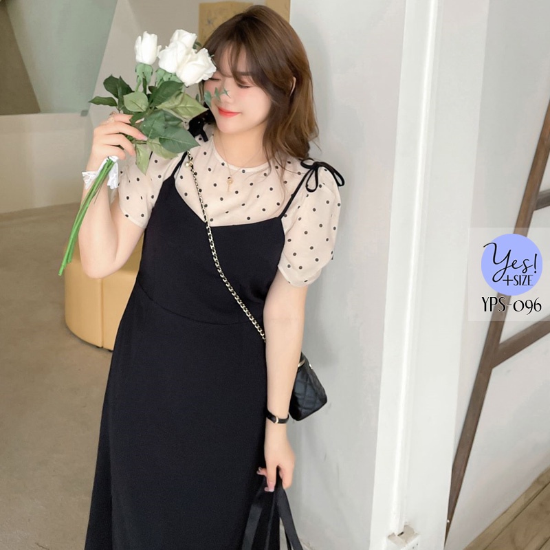 ชุดเซ็ท 2 ชิ้นสาวอวบอก 40-50 นิ้ว เสื้อสีครีมลายจุดดำ+เดรสสายเดี่ยว สีเขียว/สีดำ YPS-096