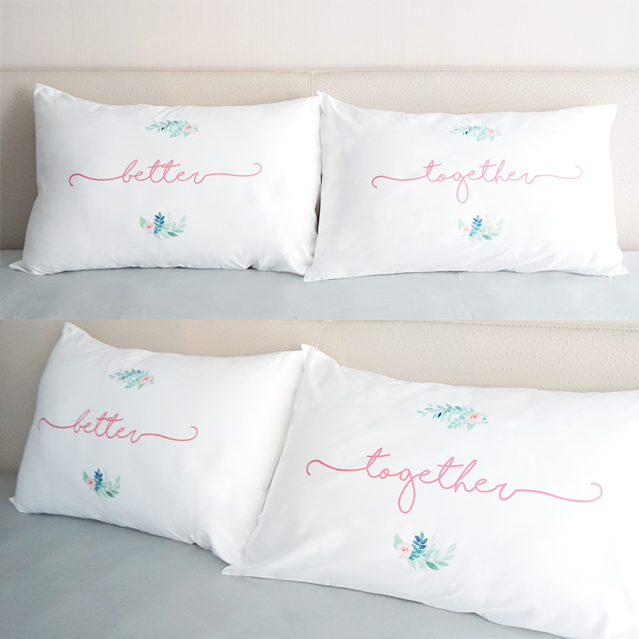 ปลอกหมอนคู่ สีขาว Flower - Pink พร้อมข้อความ Better Together