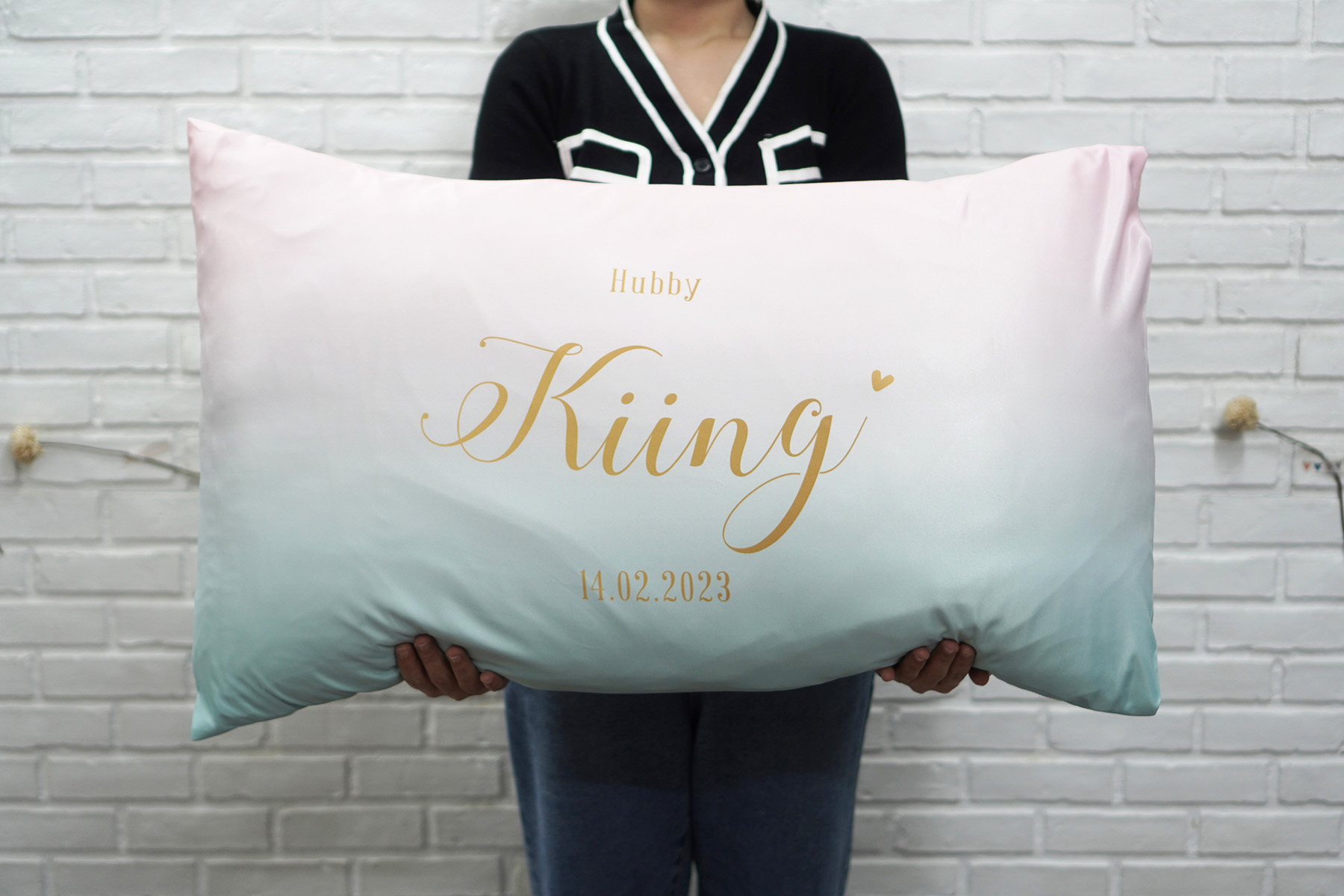 ปลอกหมอนคู่ King Size แบบพิมพ์สีเต็มใบ สั่งทำใส่ชื่อ ลาย Gradient - Pink Mint