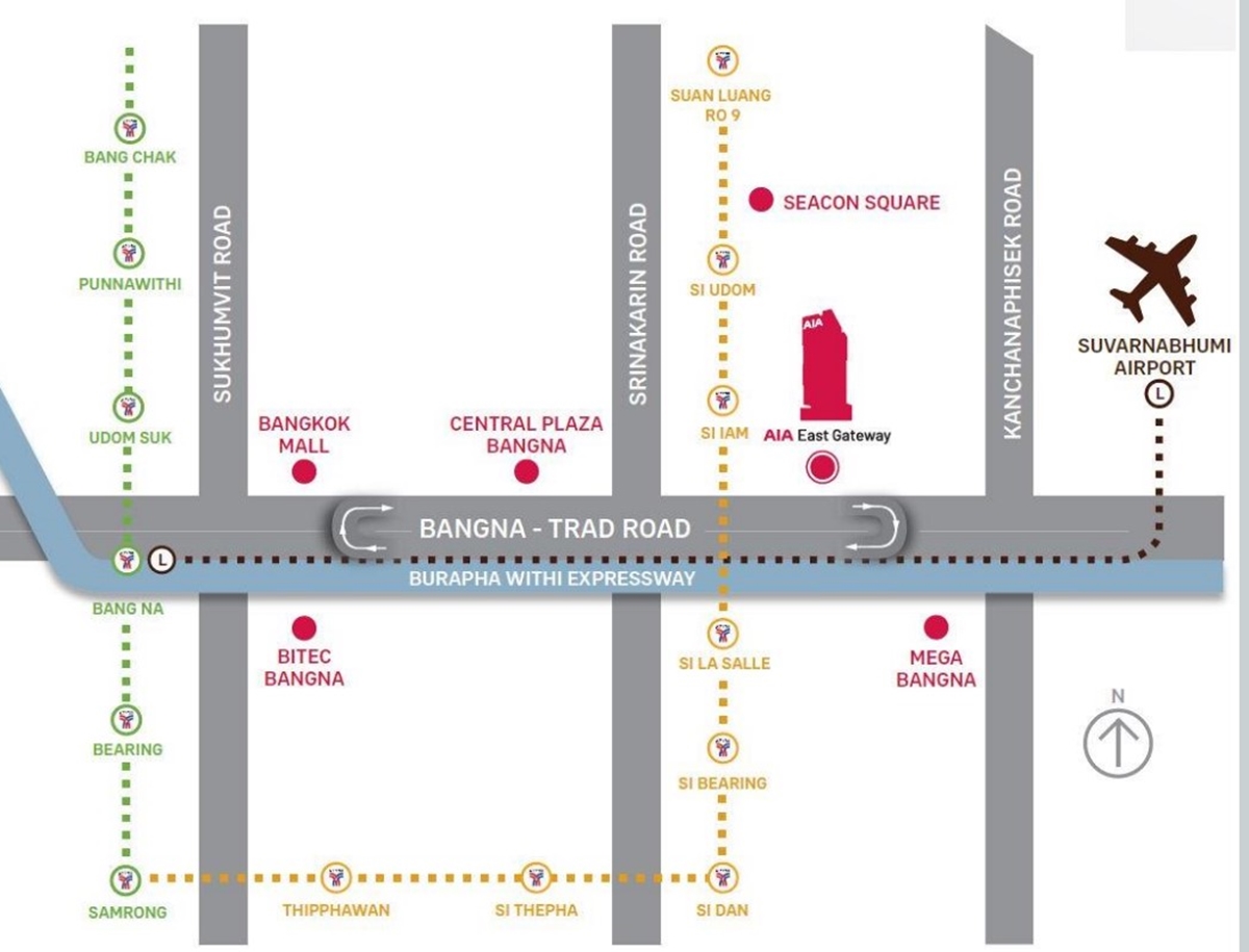 เอไอเอ อีสต์ เกตเวย์ (AIA East Gateway) สำนักงานให้เช่า ติดถนนบางนา-ตราด ใกล้รถไฟฟ้า MRT สายสีเหลือง สถานีศรีเอี่ยม 350 เมตร