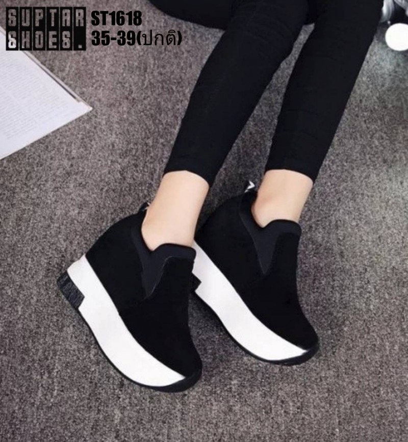 รองเท้าผ้าใบเสริมส้นตัดสีทูโทนแบบสวม (สีดำ)