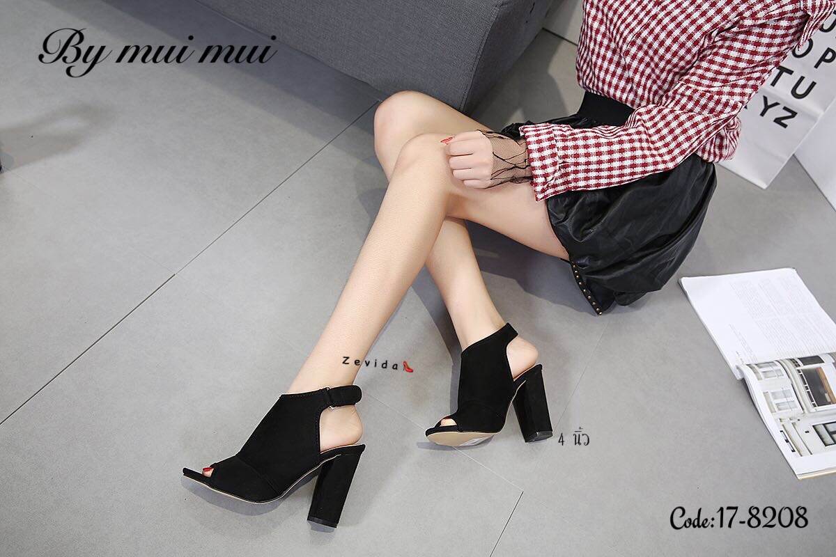 รองเท้าส้นสูงเปิดส้นแต่งเมจิกเทป (สีดำ)