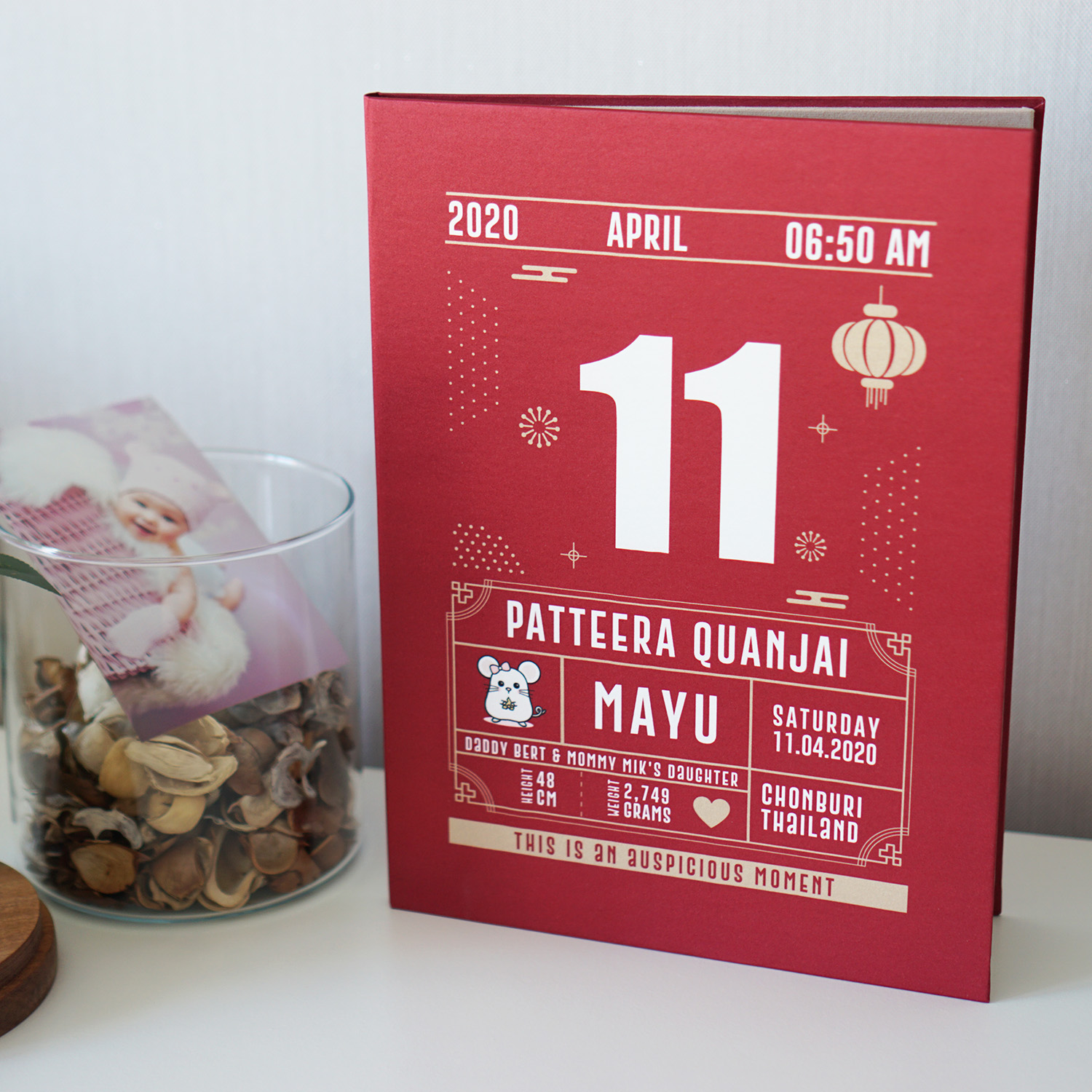แฟ้มทะเบียนสมรส/สูติบัตร สั่งทำใส่ข้อความ ลาย Chinese Calendar - Mini Mouse - Red