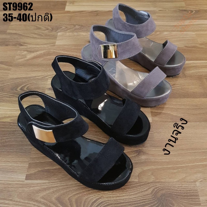 รองเท้าส้นเตารีดแต่งเมจิกเทปสไตล์ลำลอง (สีดำ)