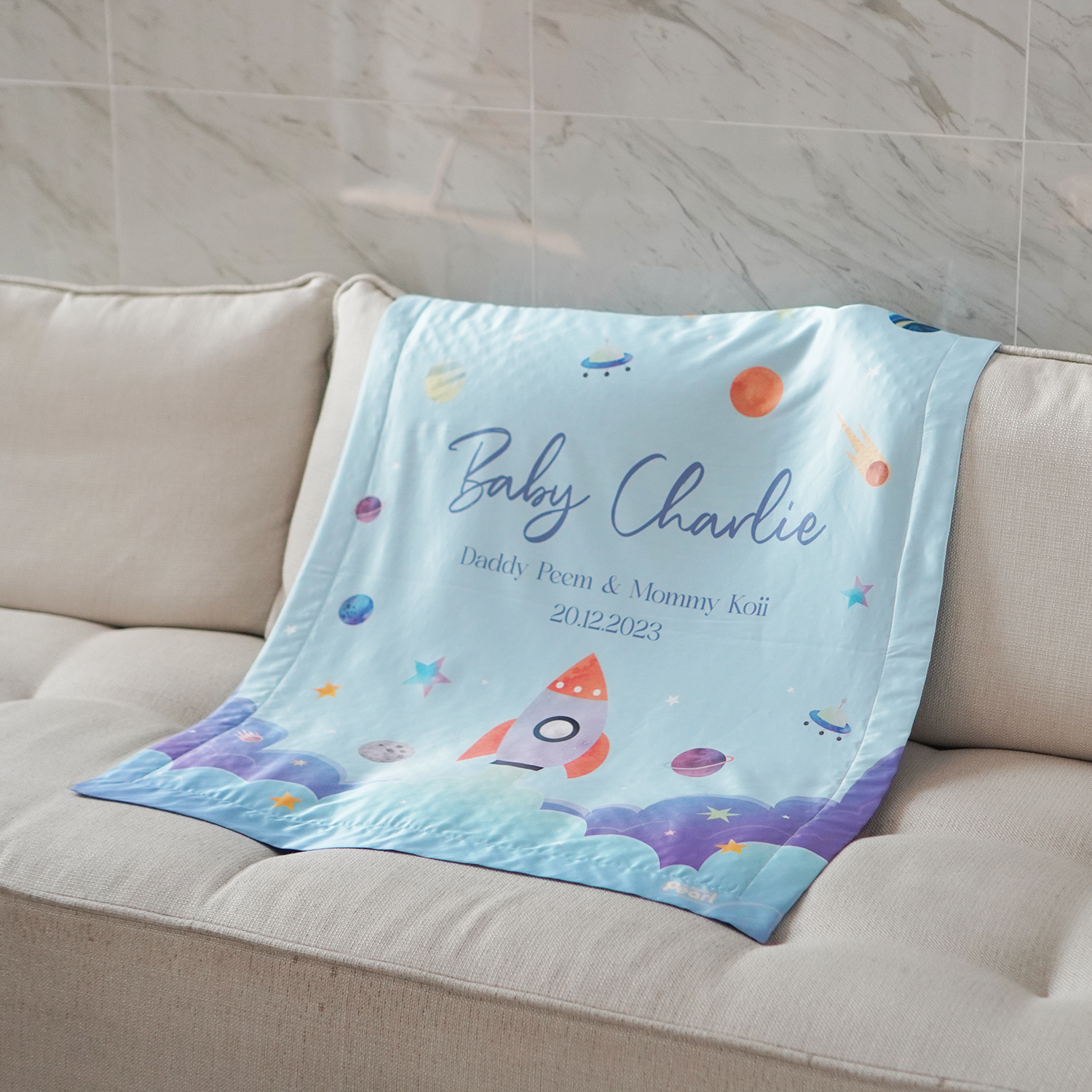 ชุดของขวัญเด็ก เซทโปรฝันดี หมอนหลุม + หมอนเด็ก + ผ้าห่มขนาด 75x100cm ลาย Rocket - Blue