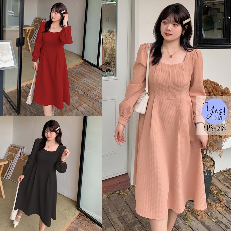 ชุดเดรสยาวสาวอวบ อก 38-49 นิ้ว เดรสแขนยาวคอเหลี่ยม ผ้าวาฟเฟิล เอวยืด กระโปรงจับจีบบาน สีแดง/ดำ/ส้ม YPS-218