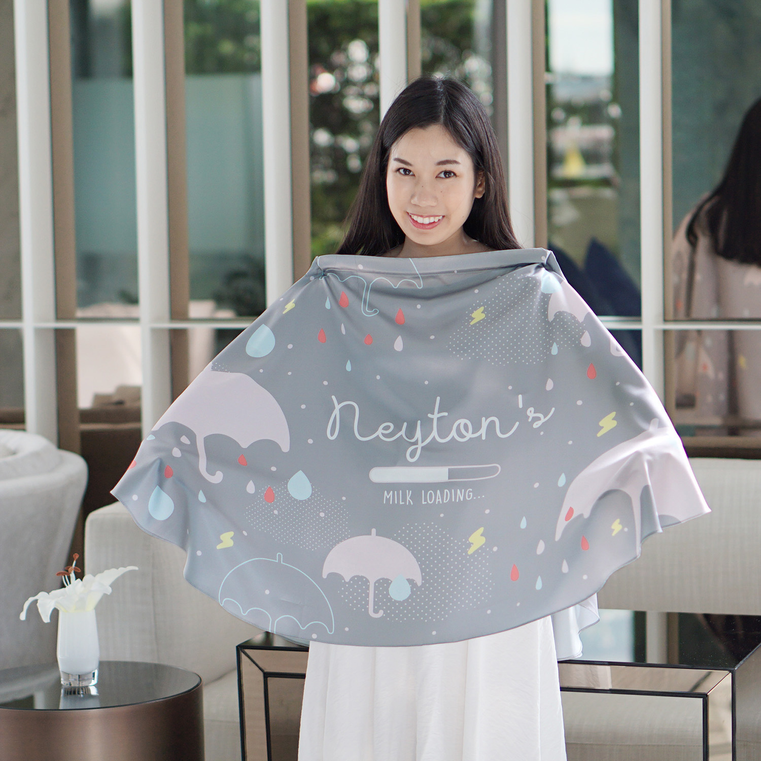 ผ้าคลุมให้นม สั่งทำใส่ชือ ลาย Raindrops - Grey