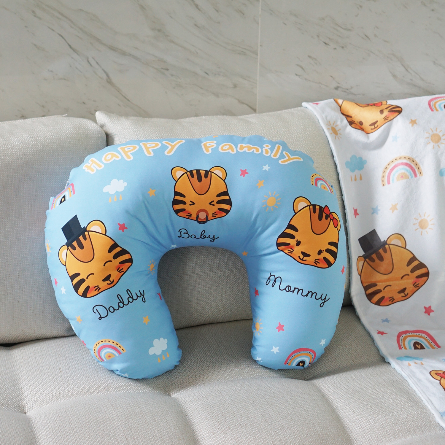 หมอนรองให้นม Nursing Pillow แบบพร้อมส่ง ลายเสือ สีฟ้า Tiger - Blue