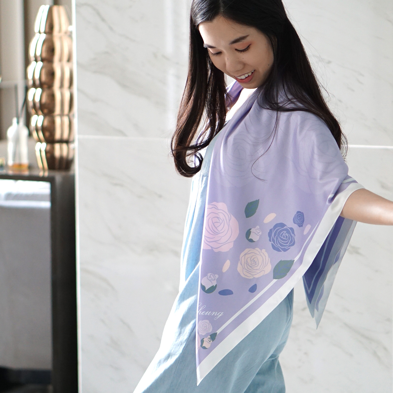 ผ้าพันคอ ลาย กุหลาบ - Rose Scarf - Lavender สั่งทำใส่ชื่อ