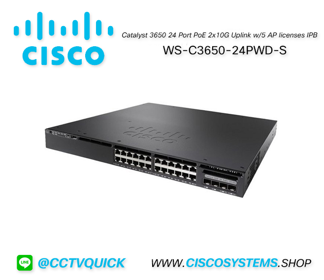 WS-C3650-24PWD-S (Cisco Catalyst 3650 24 Port PoE 2x10G Uplink w/5 AP licenses IPB)