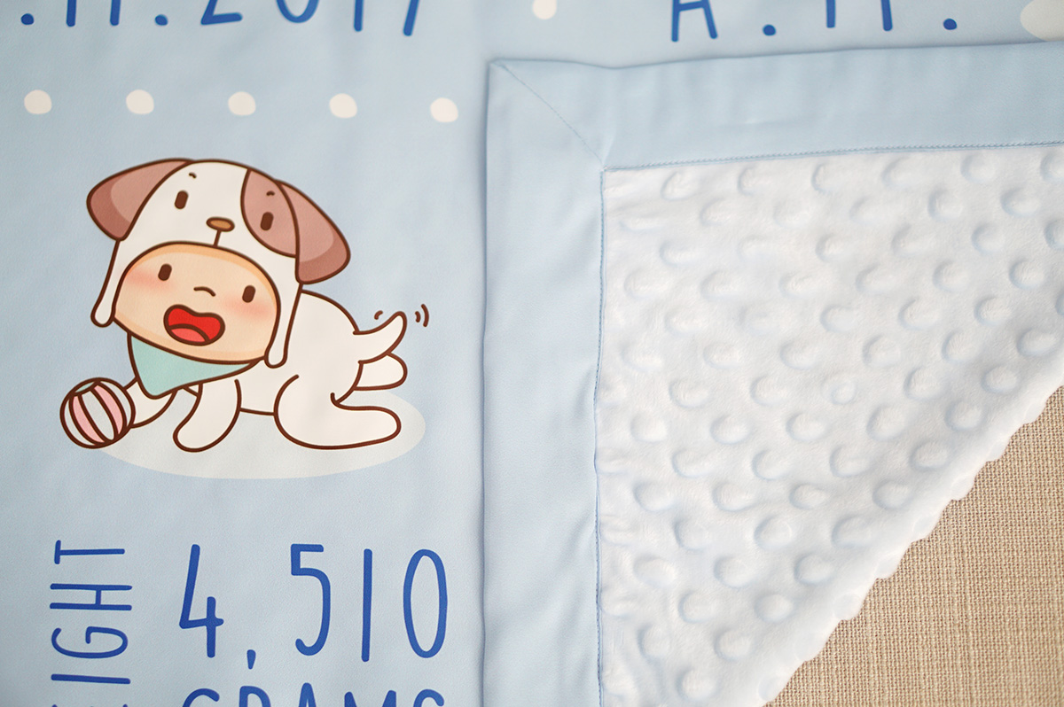 ผ้าห่มเด็ก ใส่ประวัติแรกเกิด ลายปีจอ - Puppy - Blue
