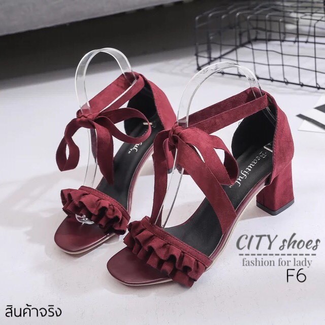 รองเท้าส้นตันผูกโบว์ (สีเทา)