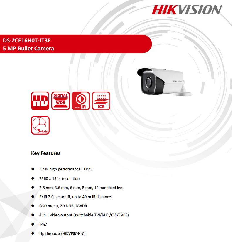 ขายถูก HIKVISION Turbo HD รุ่น DS-2CE16H0T-IT3F ความละเอียด 5 ล้านพิกเซล