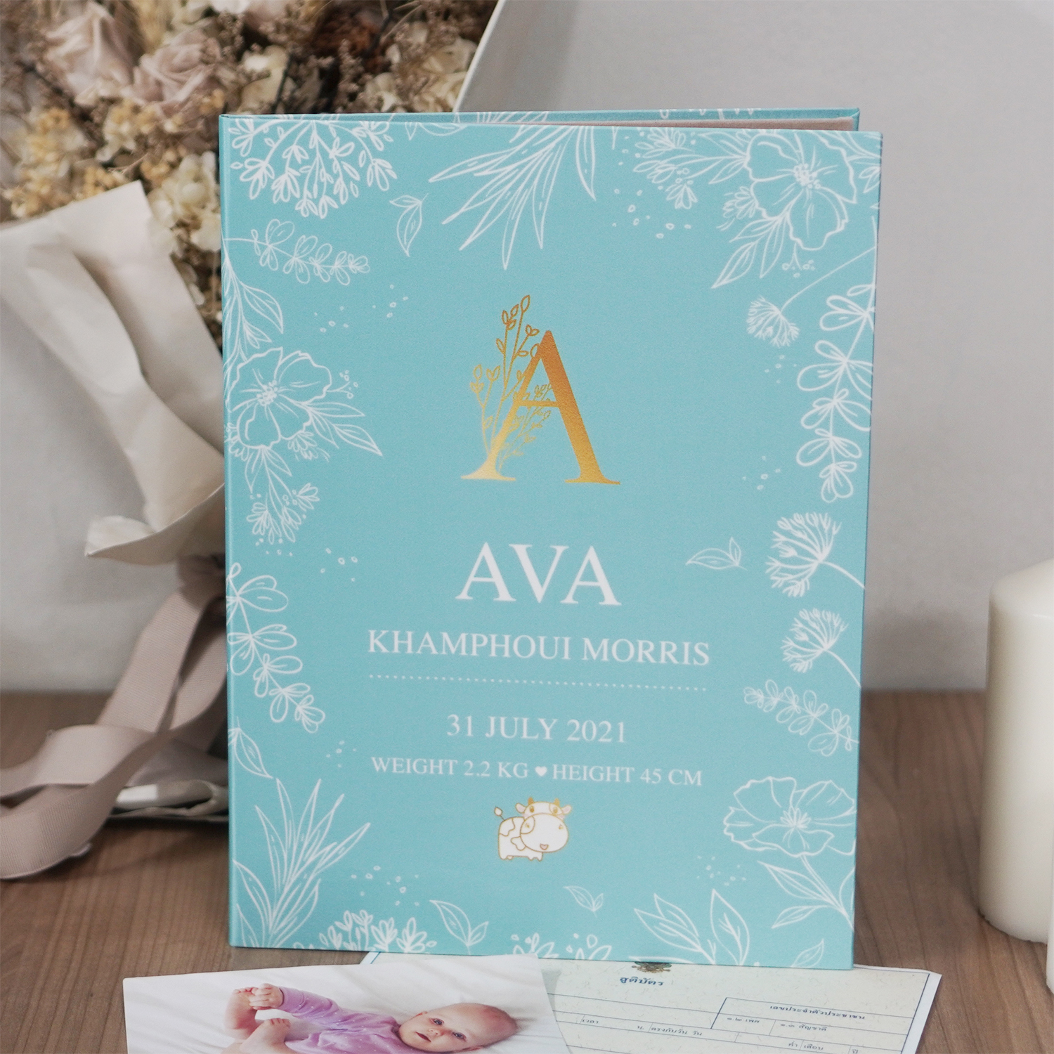 แฟ้มทะเบียนสมรส/สูติบัตร สั่งทำใส่ข้อความ ลาย Botanical - Turquoise