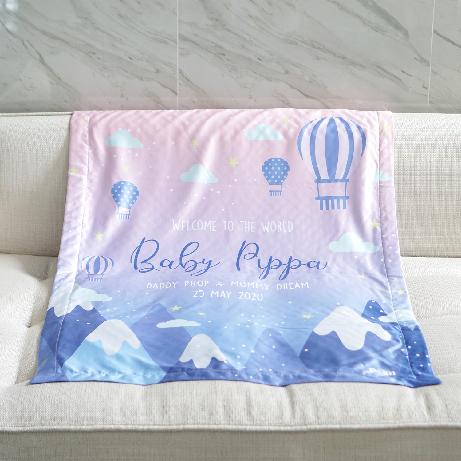 ผ้าห่มเด็ก ใส่ชื่อ ลายภูเขา - Mountain - Blue Pink