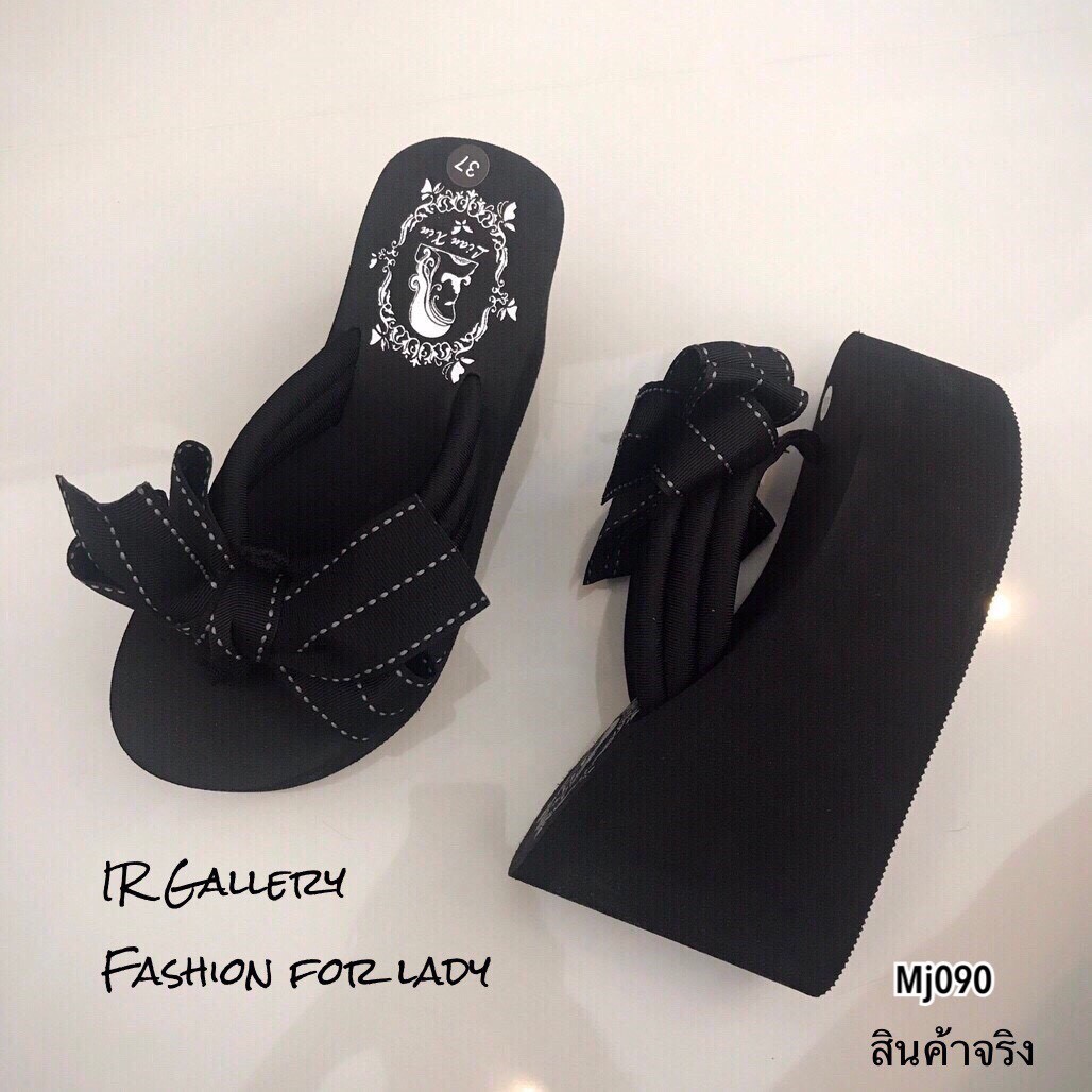 รองเท้าส้นเตารีดแพลตฟอร์มแต่งโบว์ (สีดำ)