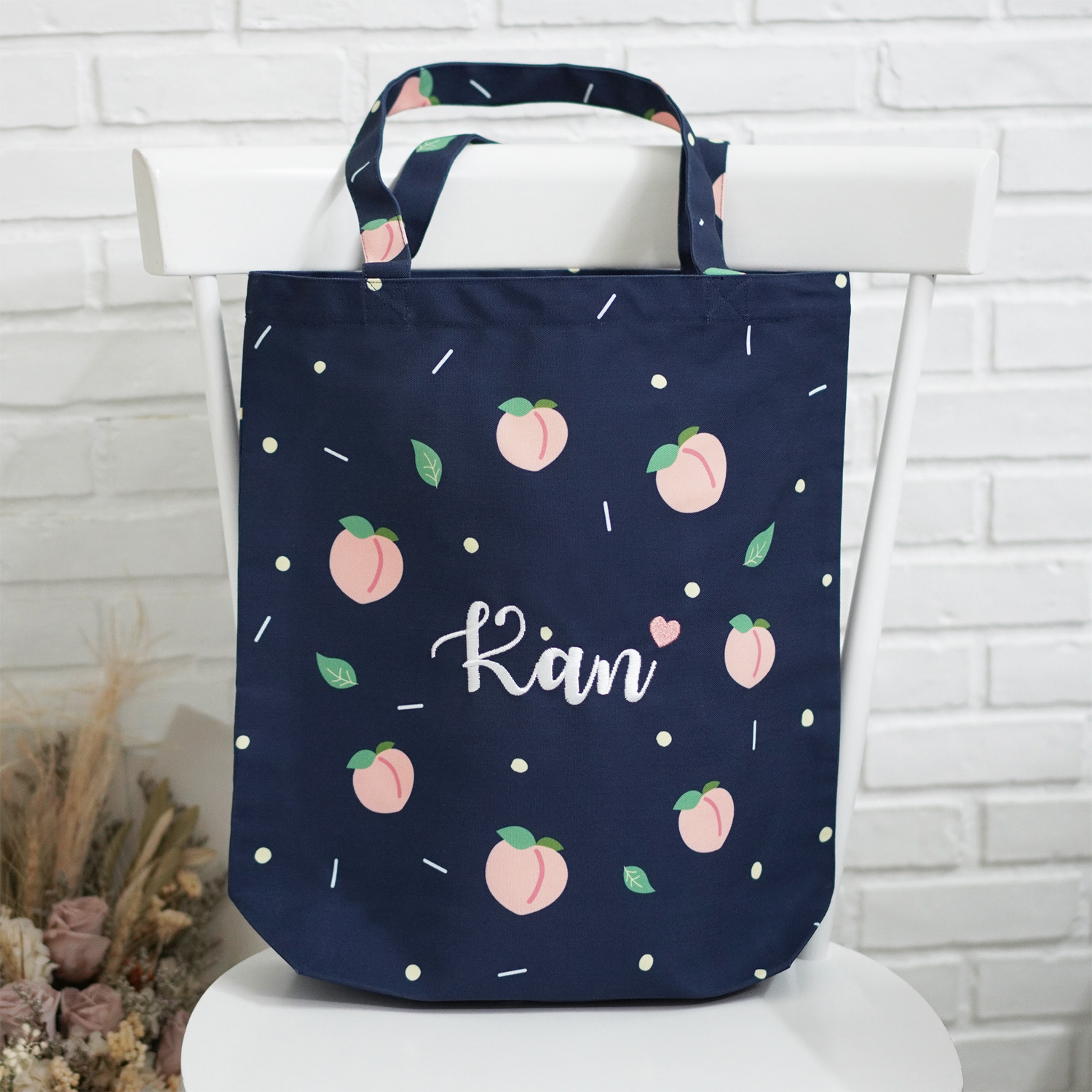 กระเป๋าผ้าแคนวาส ปักชื่อ ลาย Peach - Navy