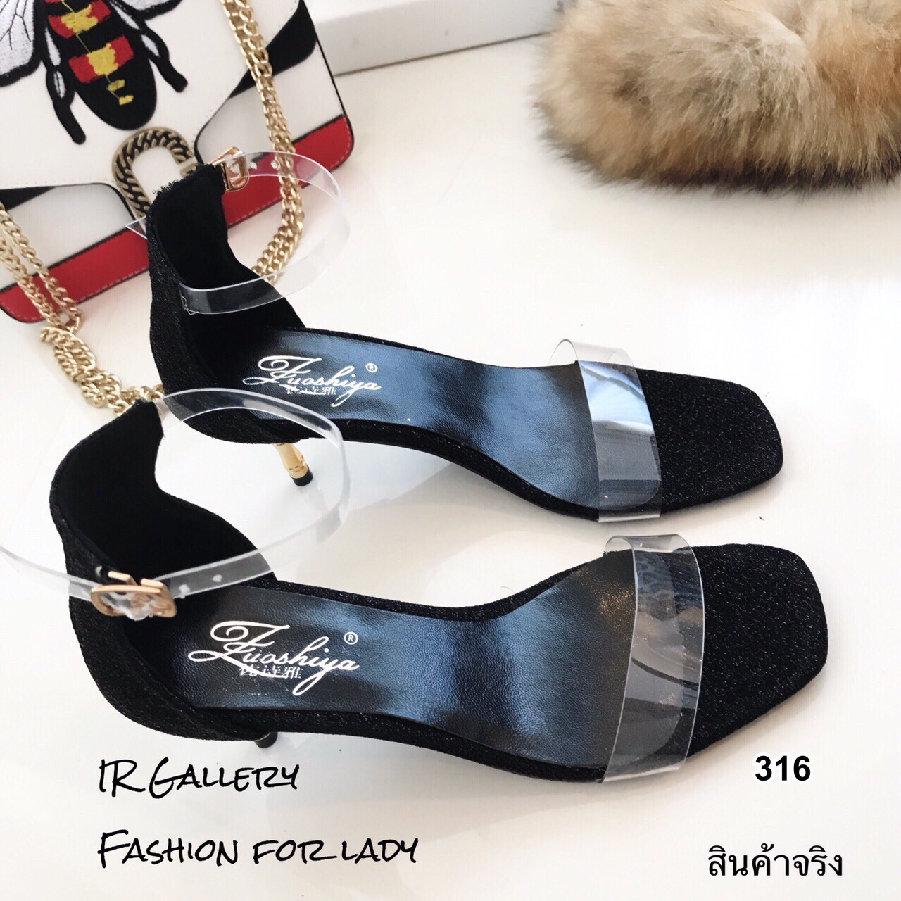 รองเท้าส้นสูงกลิตเตอร์แต่งสายรัดใส (สีดำ)